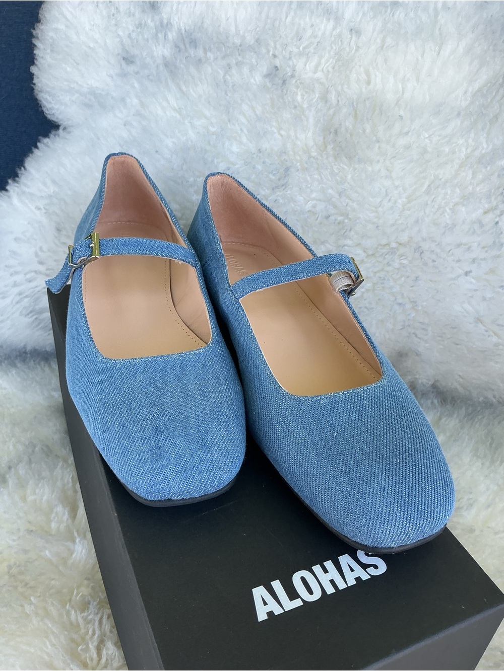 NIB ALOHAS Por Do Sol Denim Blue Mary Jane Ballet Flats Size 8–8.5 EU 39